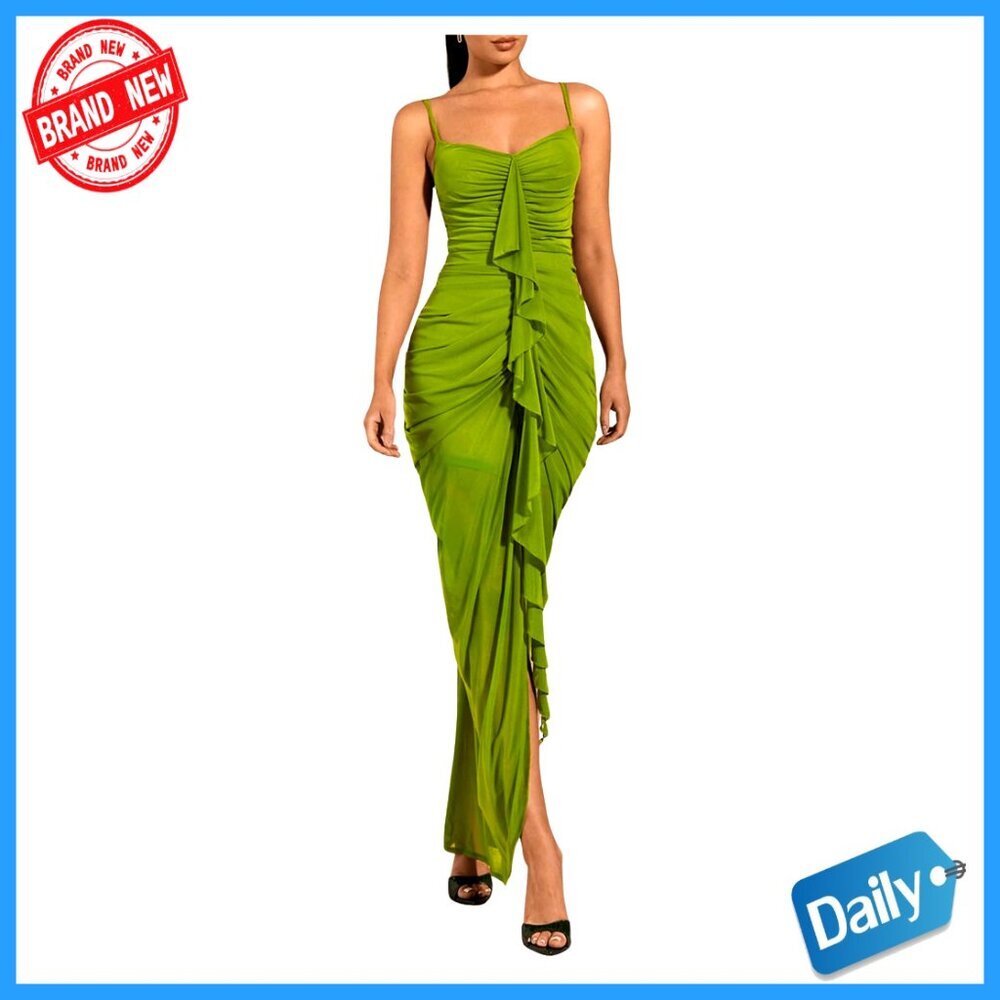 Ruffle Ruched Cami Maxi Dress Elegant Bodycon Draped Split Formal Evening Wear